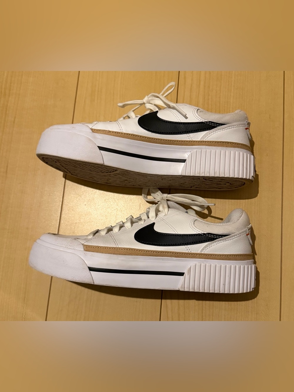 Nike Women's White Sneakers with Black Swoosh and Tan Trim - Picture 3 of 4